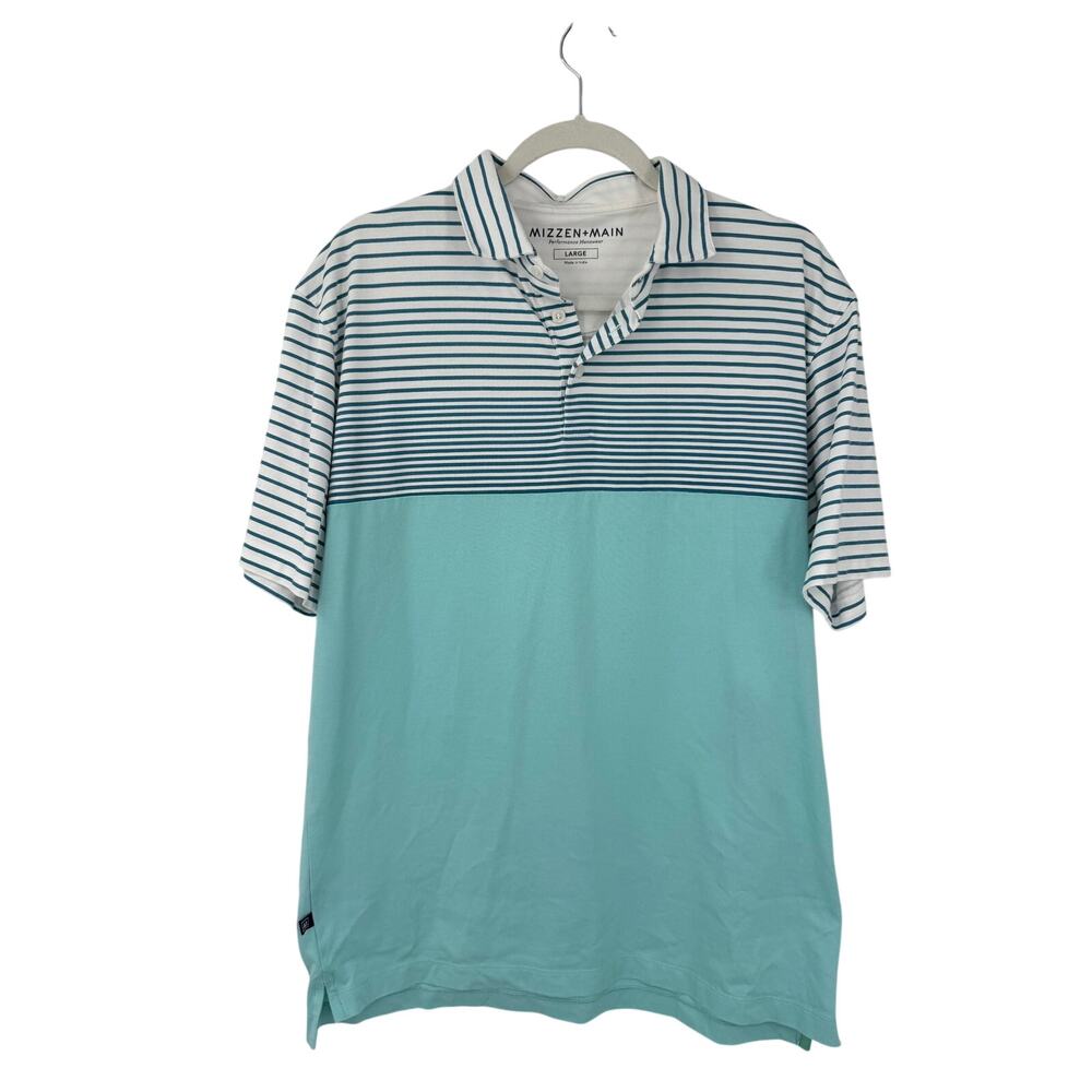 Mizzen Main Performance Polo Shirt Mens L Golf Activewear Stripes White Blue